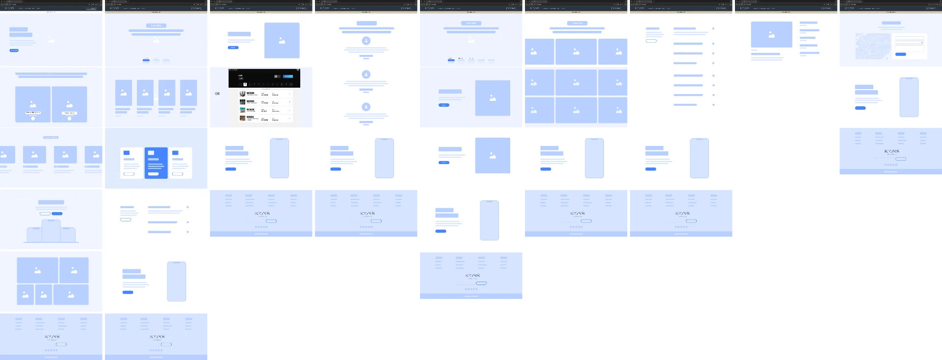 Overview of the full ICONŚ website wireframe system, showing desktop and mobile page layouts mapped across membership, classes, trainers, recovery, content and conversion journeys