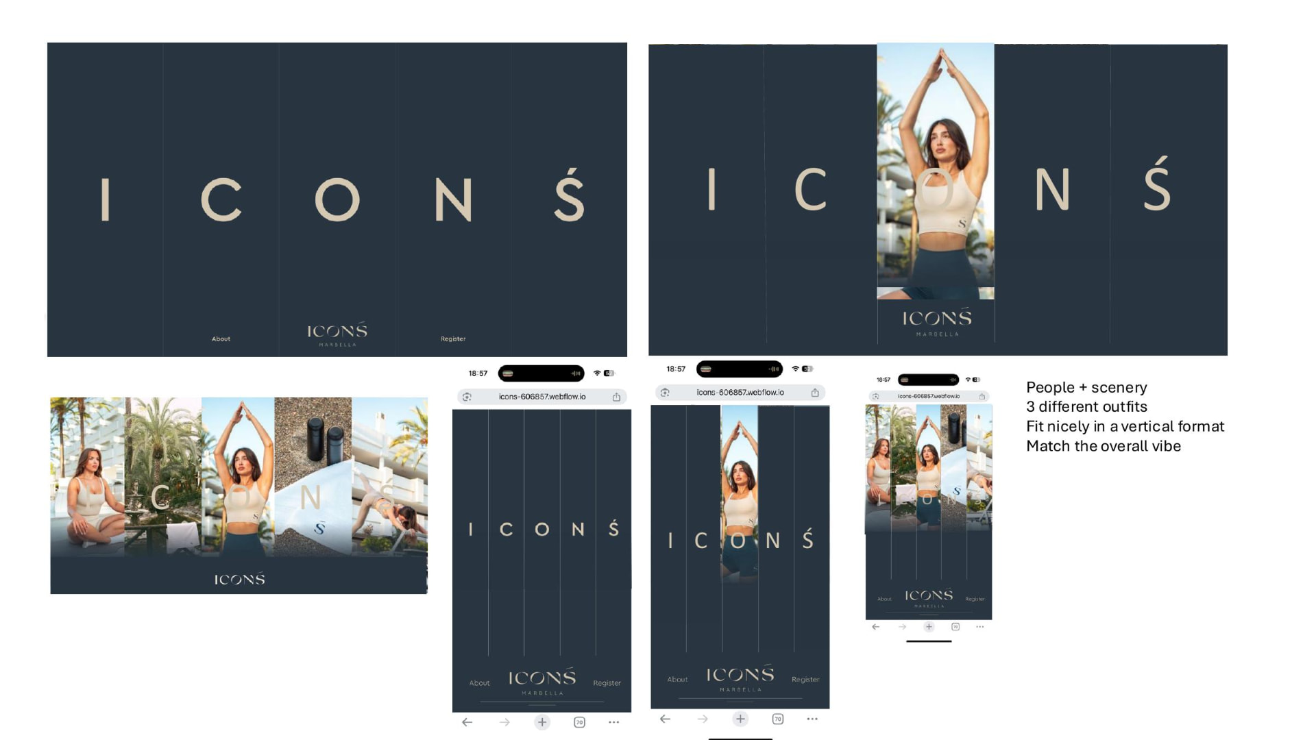 Phase 2 review board comparing wordmark landing screens with and without imagery, on desktop and mobile